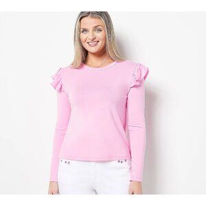 NWOT Candace Cameron Bure Long-Sleeve Top Sz S Pink Ruffle Shoulder Detail